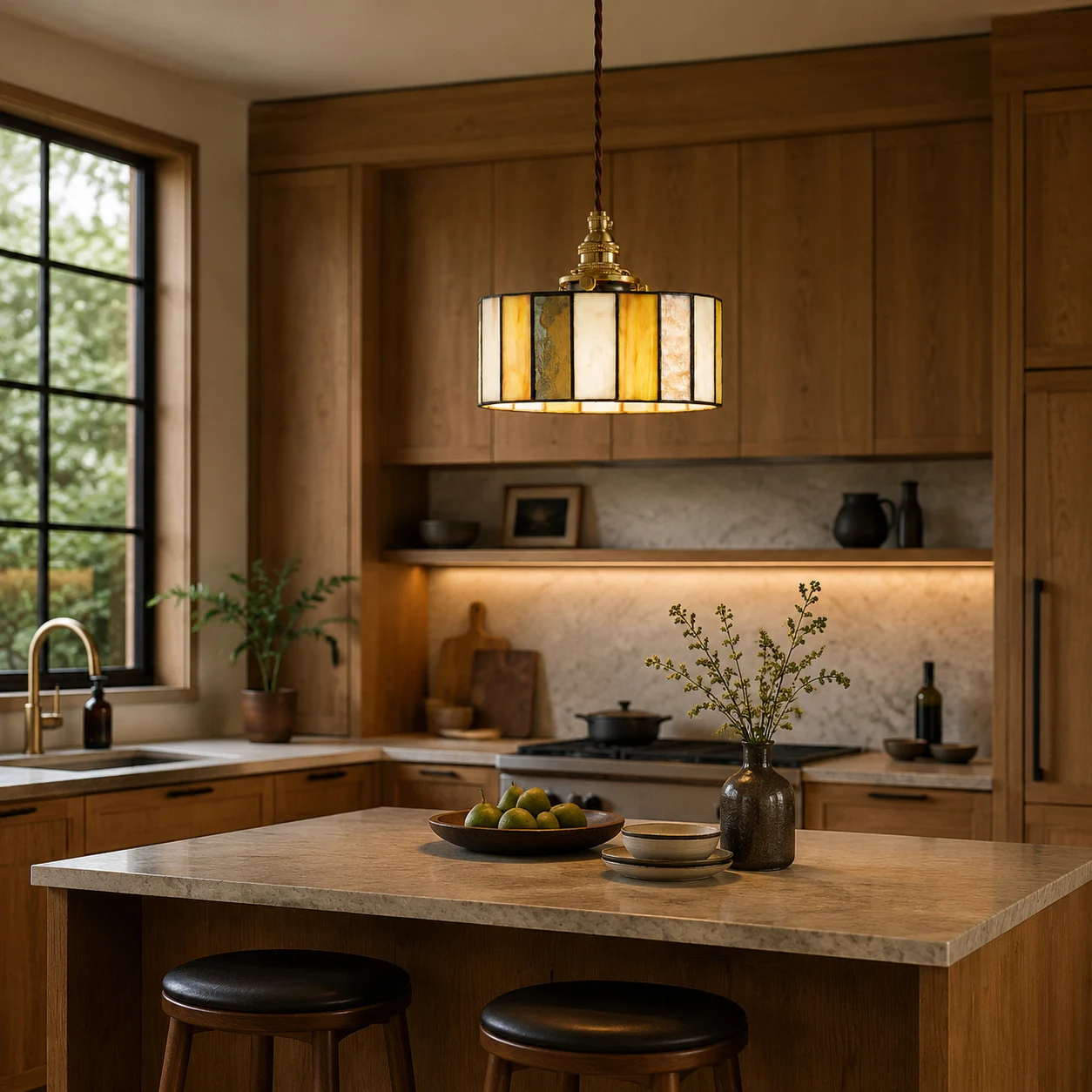 Stained glass pendant light above a warm wood kitchen island
