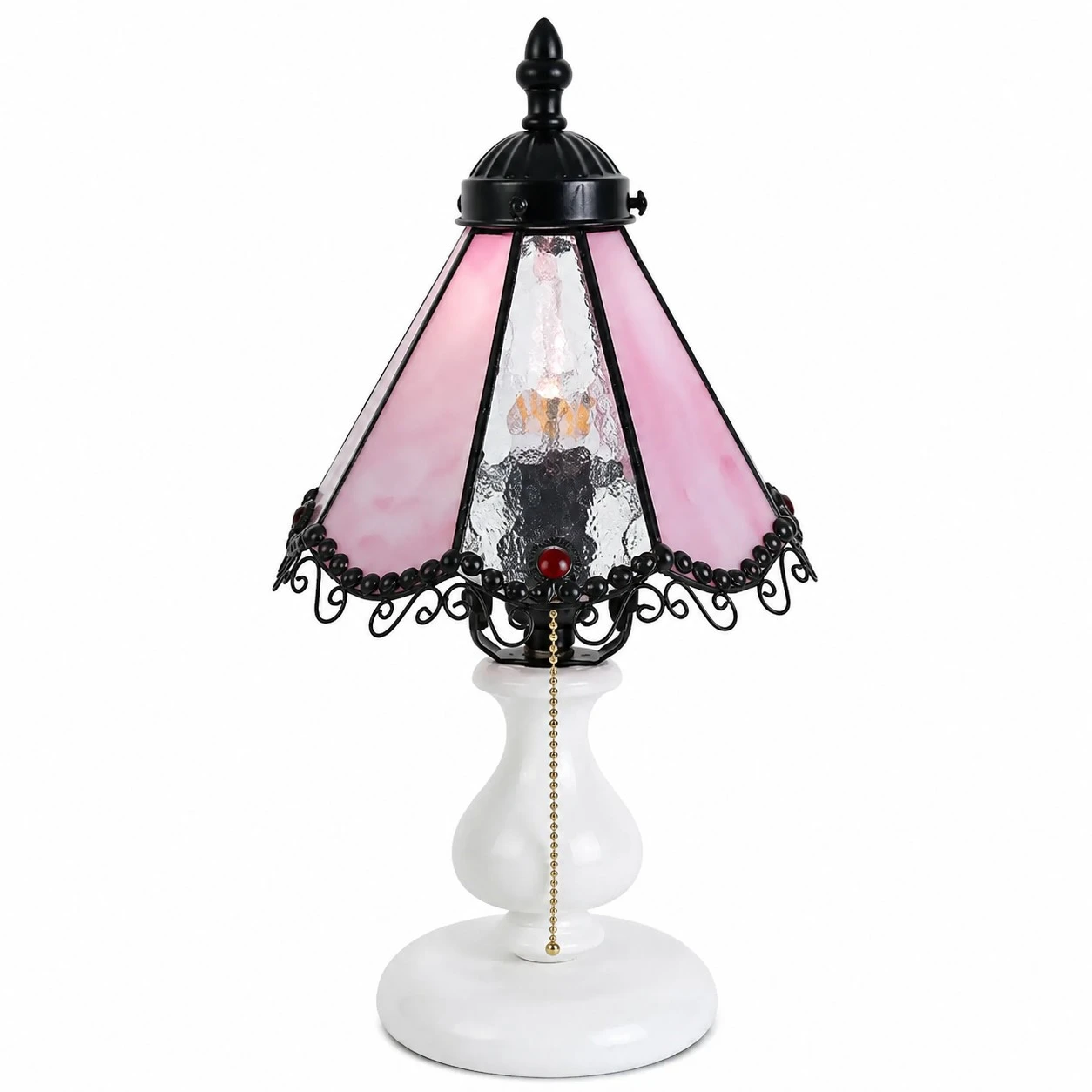 Cherry blossom pink vintage stained glass table lamp on a white background