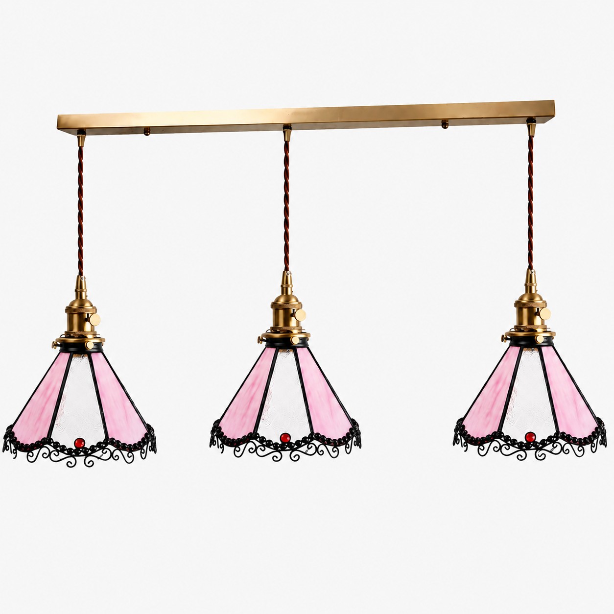 Pink three-light stained glass linear pendant
