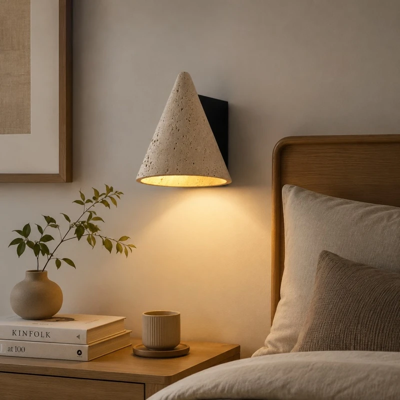 Natural bedside scene with warm stone wall lamp