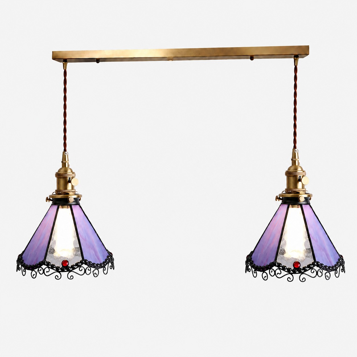 Purple two-light stained glass linear pendant