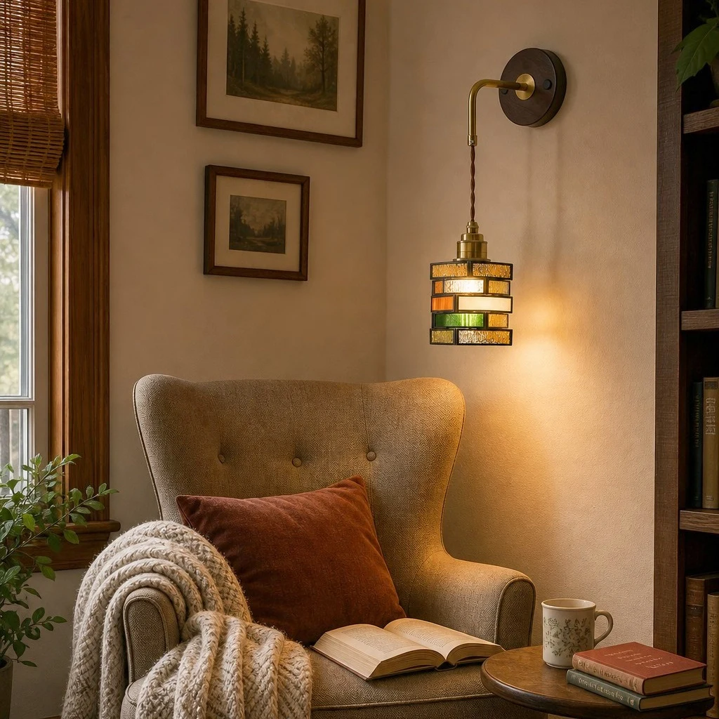 Colorful glass wall sconce beside a reading chair