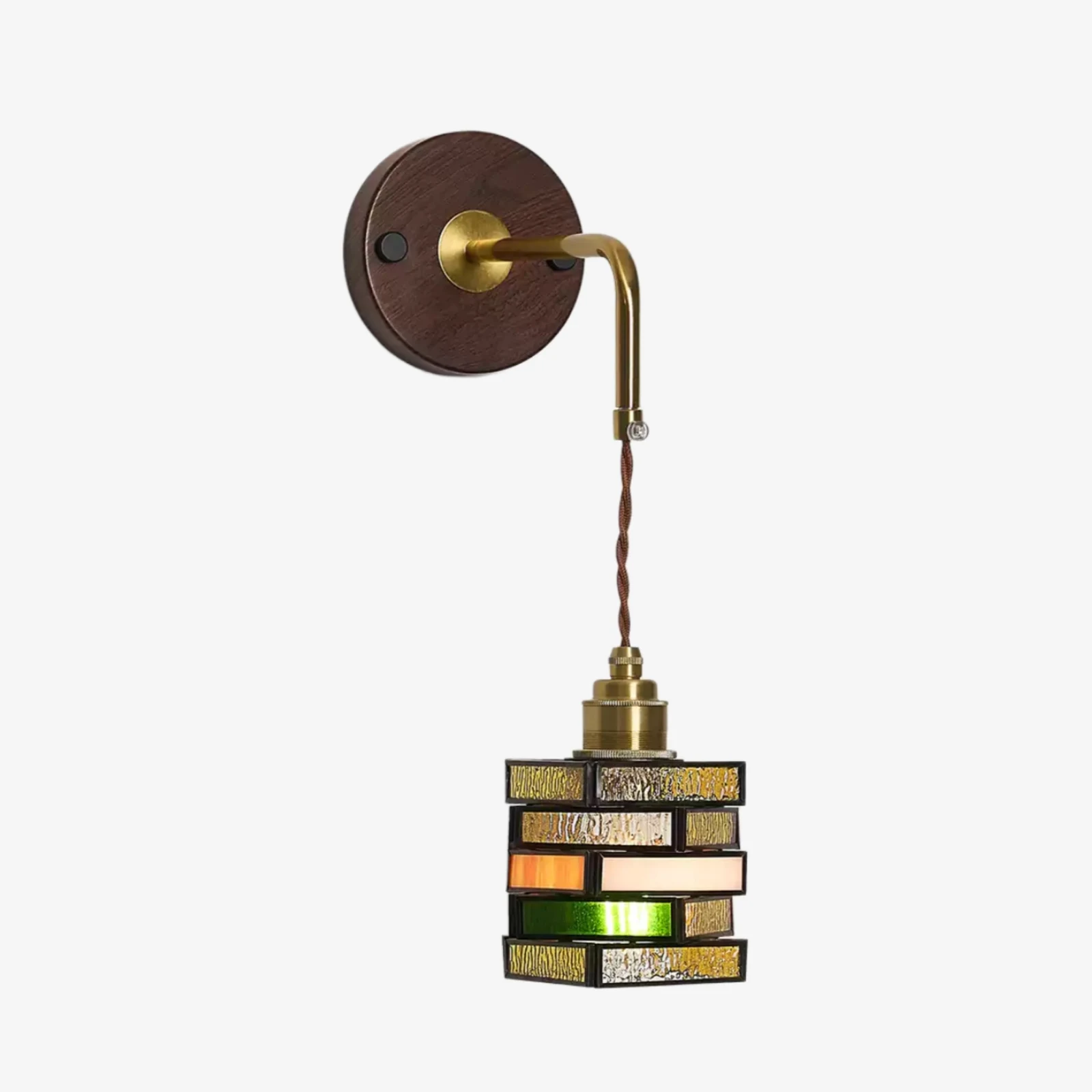 Colorful stained glass wall sconce with brass-tone arm