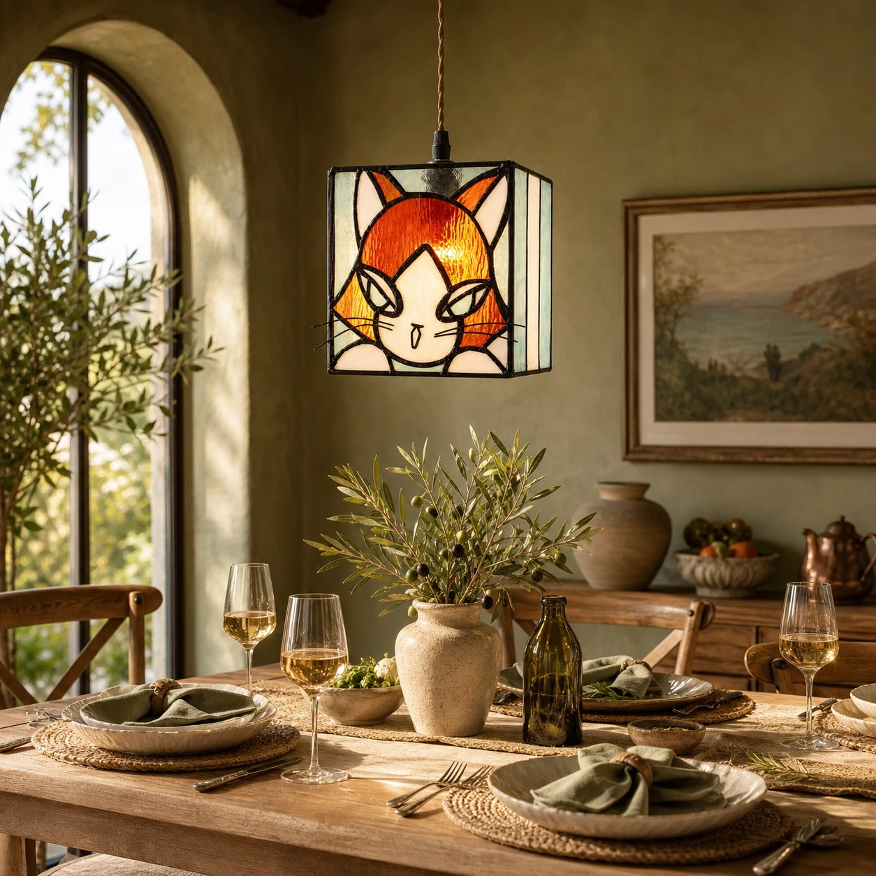 stained glass cat pendant light installed in a warm room