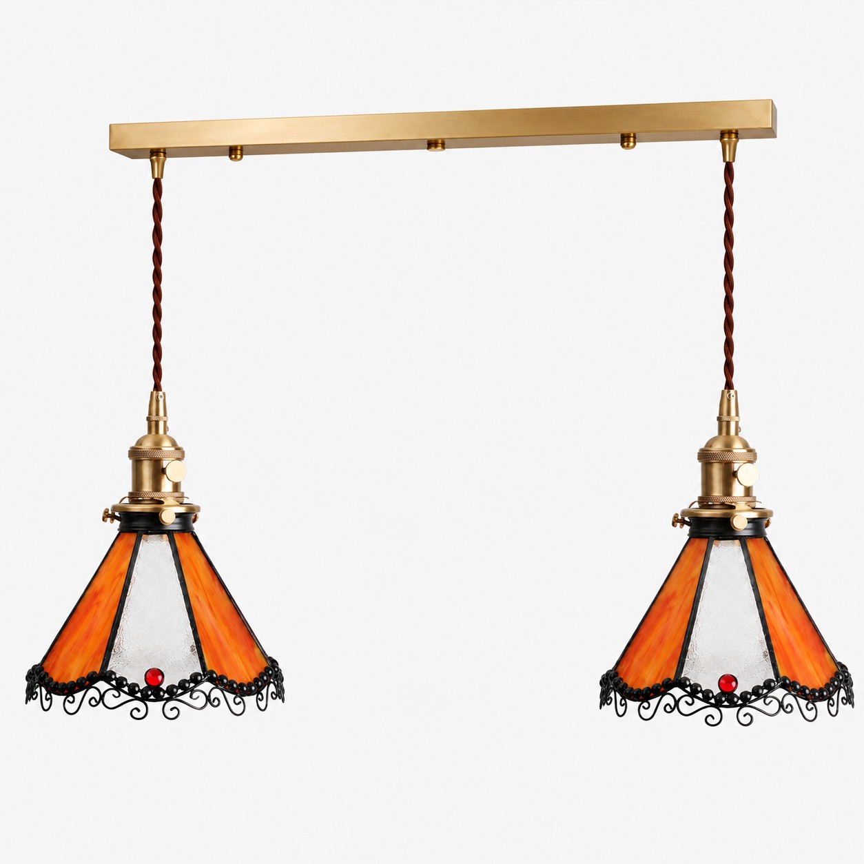 Orange two-light stained glass linear pendant