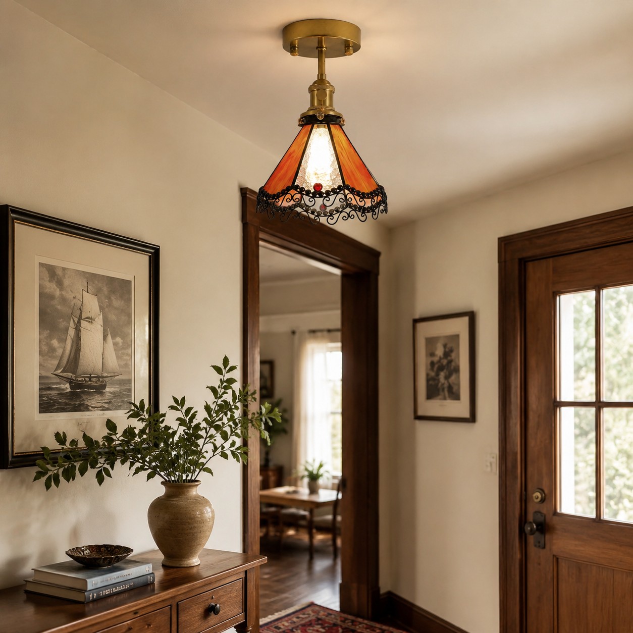 Orange stained glass ceiling light near a kitchen corner