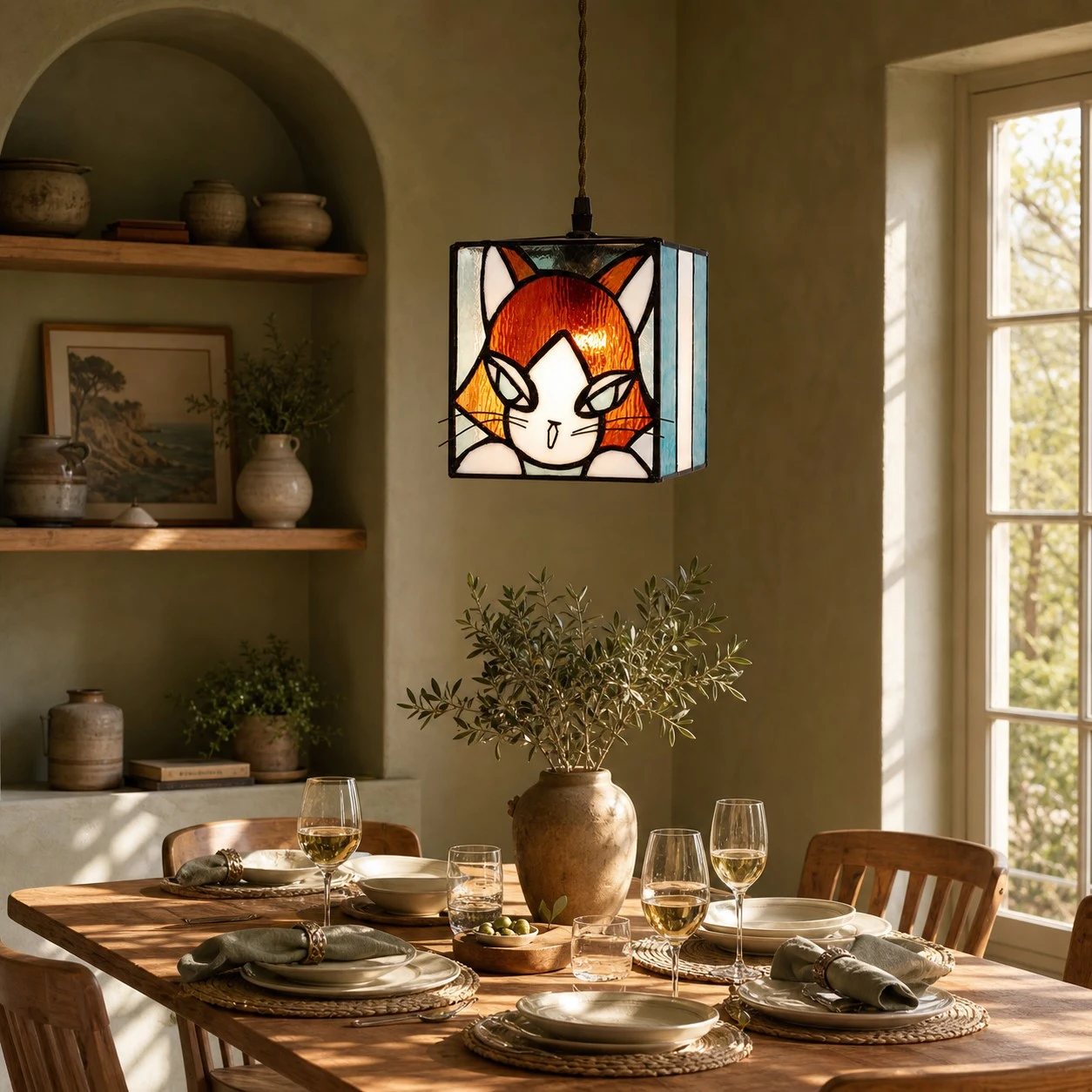 stained glass cat pendant light installed in a warm room