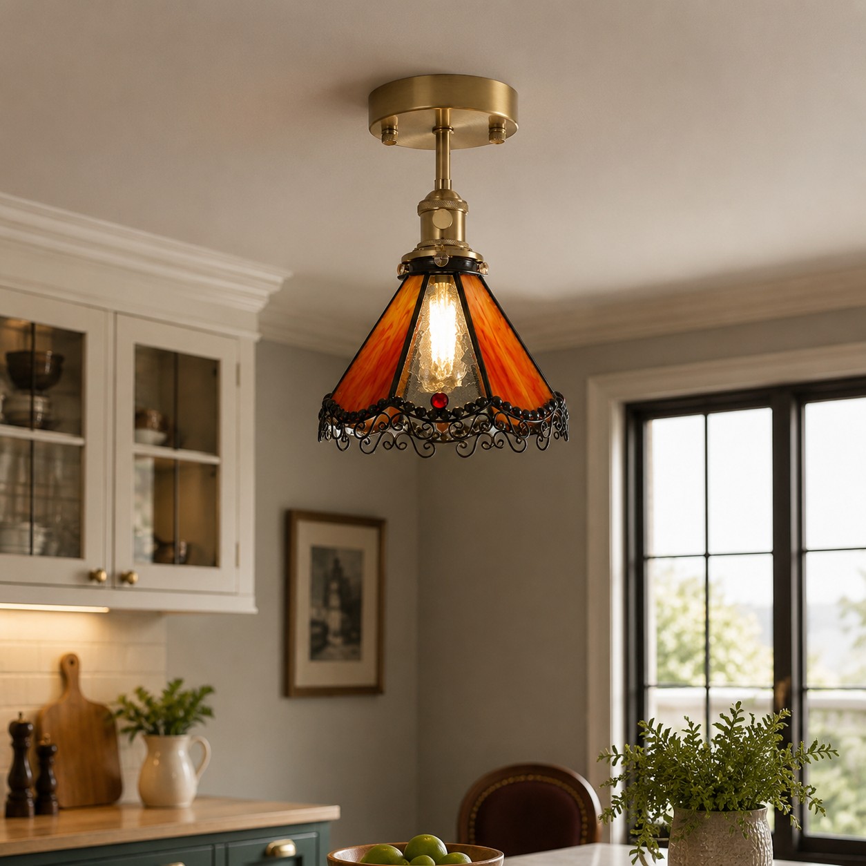 Orange stained glass ceiling light in an entry console scene