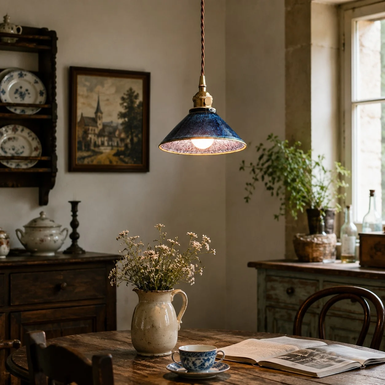 Blue ceramic pendant light installed over a rustic dining table