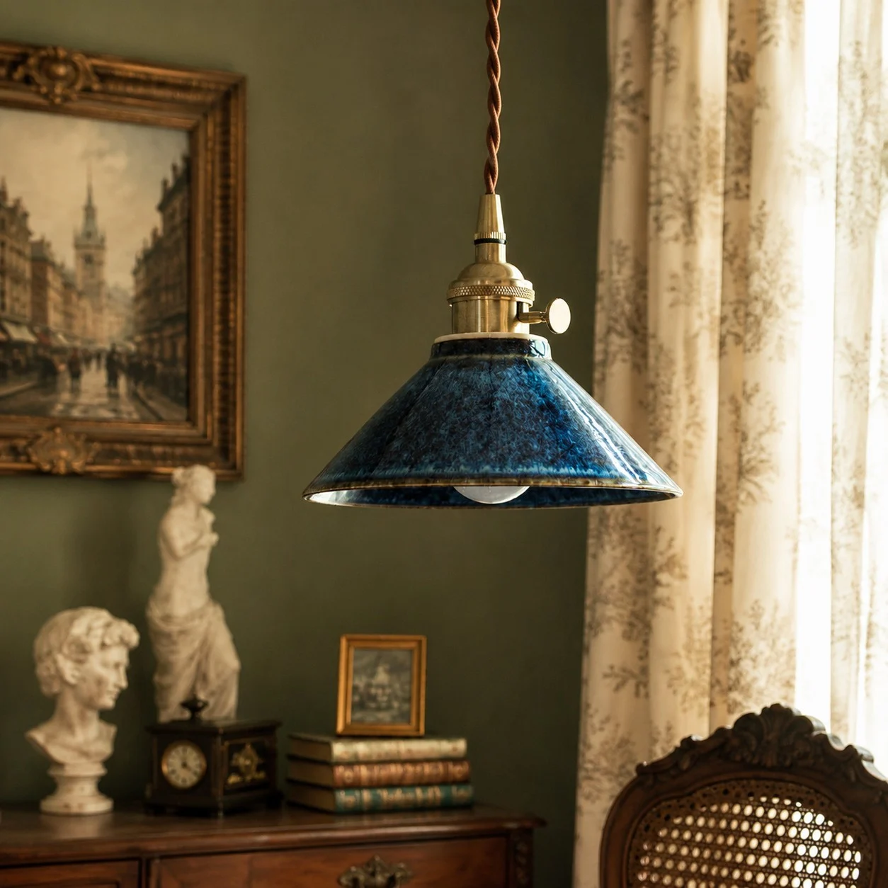Blue glazed ceramic pendant light in a classic reading corner