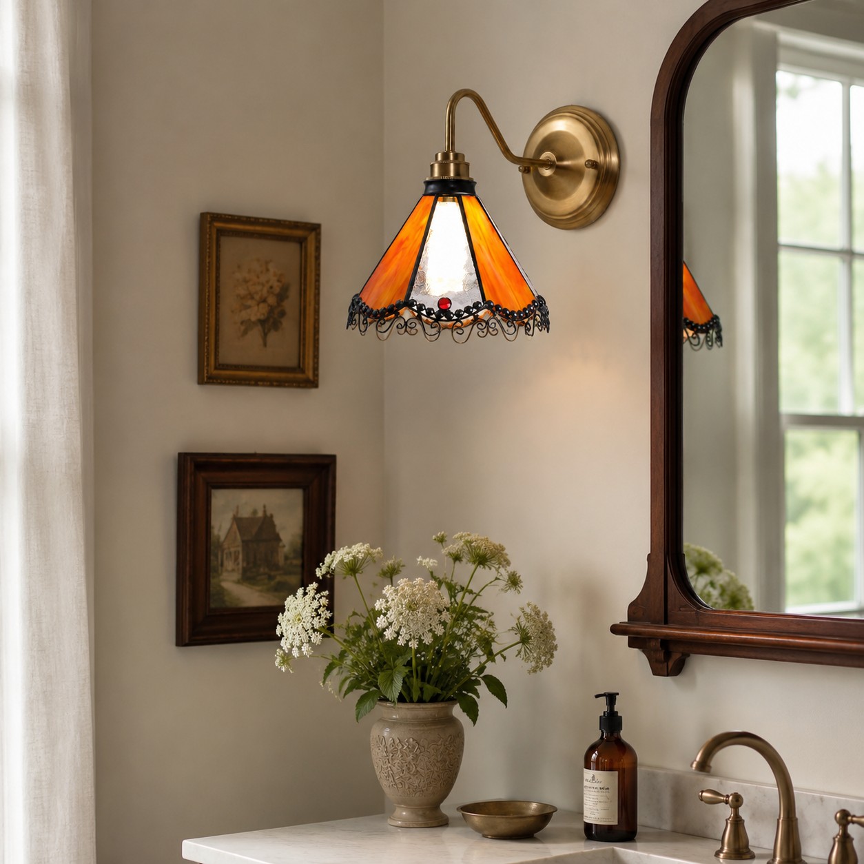 Orange stained glass wall sconce in a bedside nook