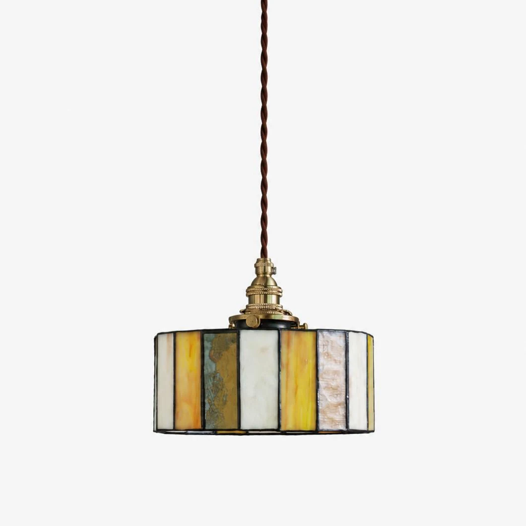 Vintage brass stained glass pendant light with amber and white glass panels