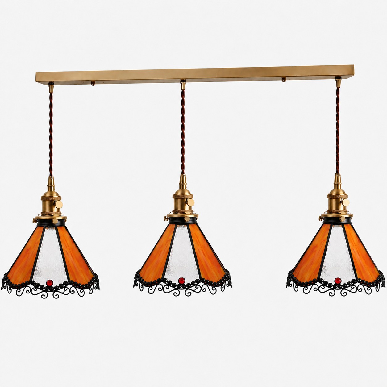 Orange three-light stained glass linear pendant