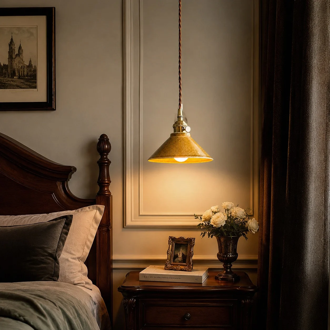 Yellow ceramic pendant light used as a bedside accent fixture
