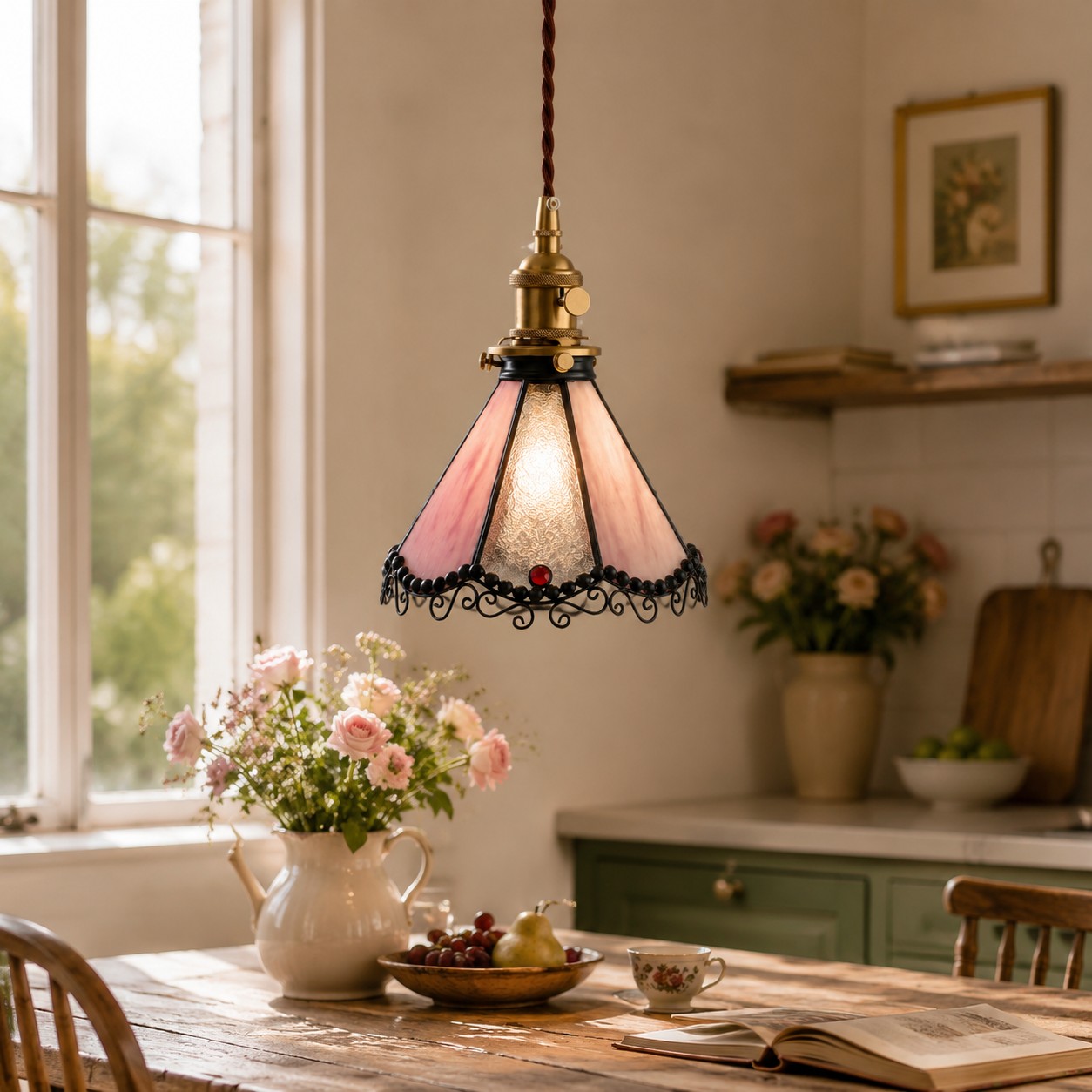 Pink stained glass pendant in a dining room