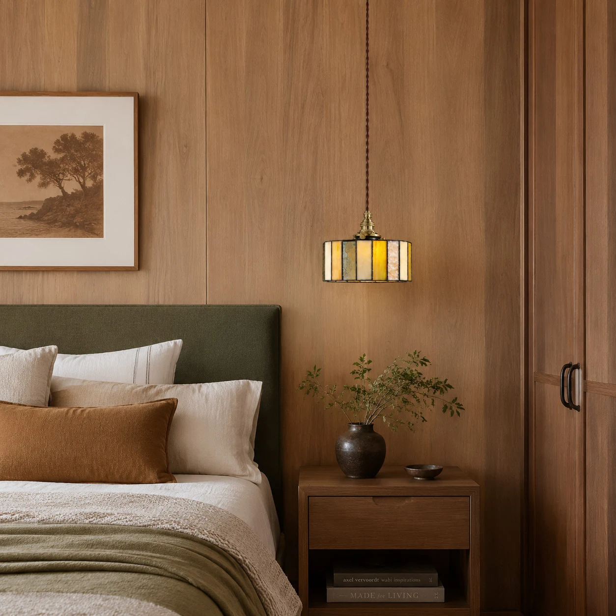 Vintage glass pendant light in a cozy bedroom