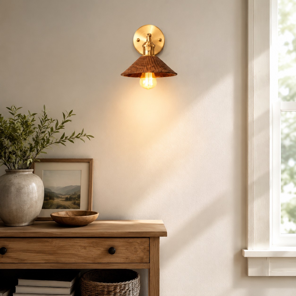 Hand-carved wall sconce installed above a console table