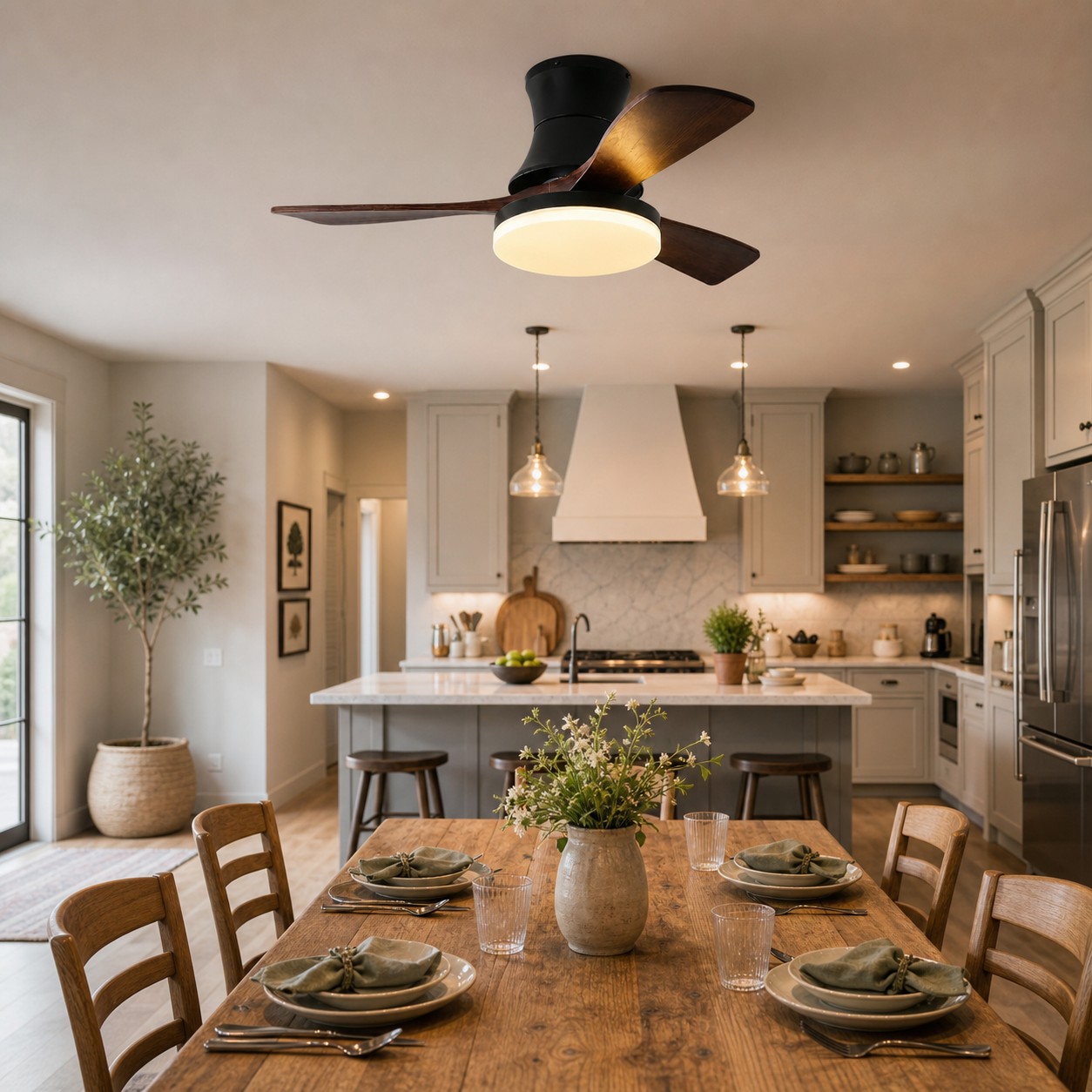 Black walnut ceiling fan light above a dining table