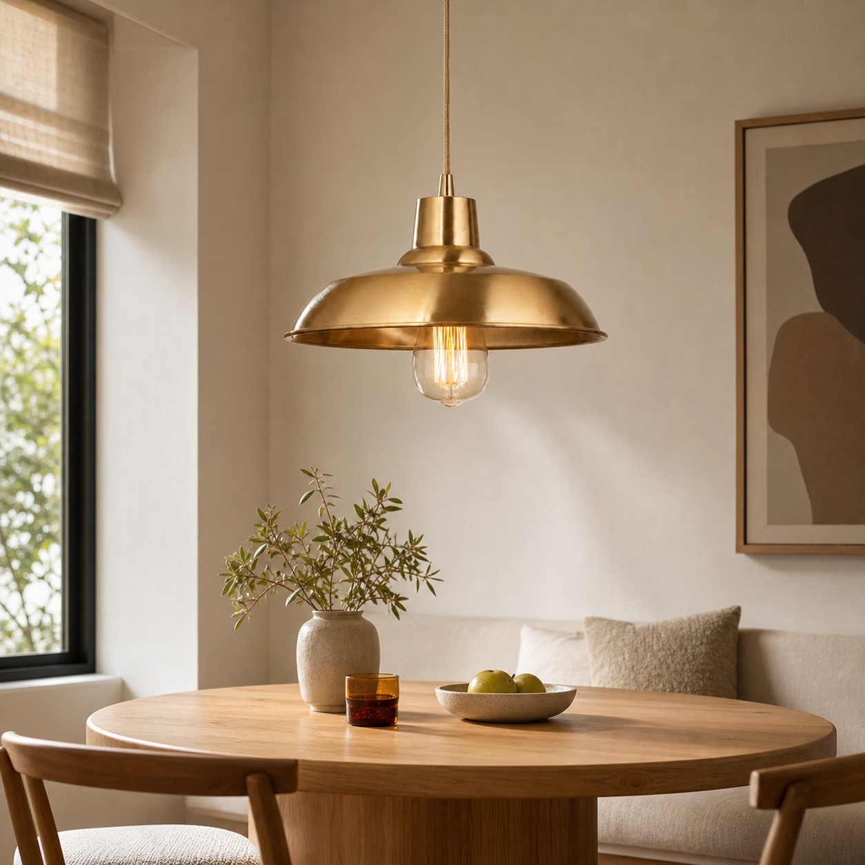 Brass pendant light in a dining nook