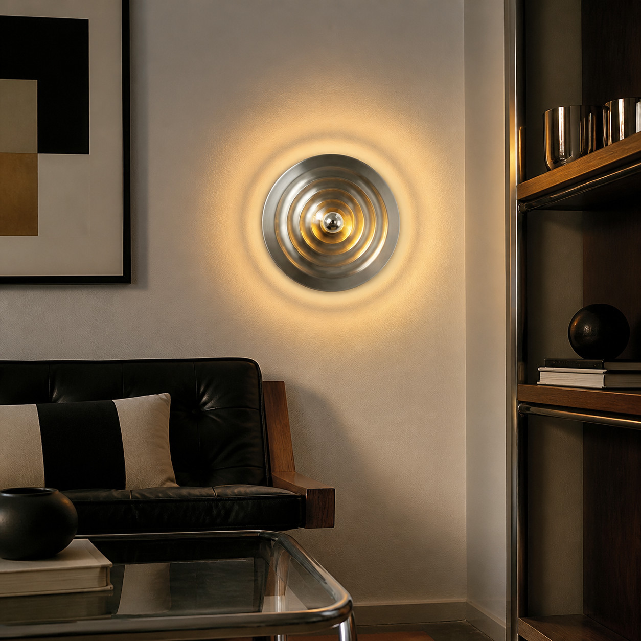 Chrome Space Age disc lamp glowing in a living room