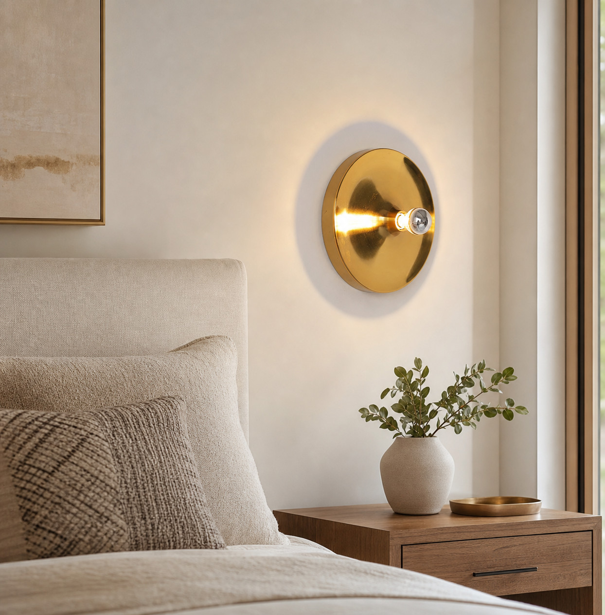Gold Space Age disc lamp glowing beside a bed