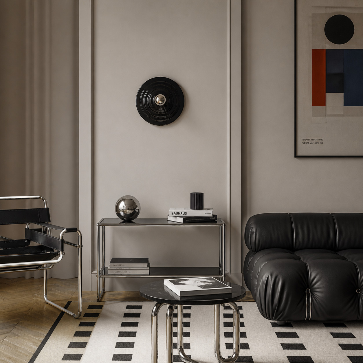 Black Space Age disc lamp in a modern seating area