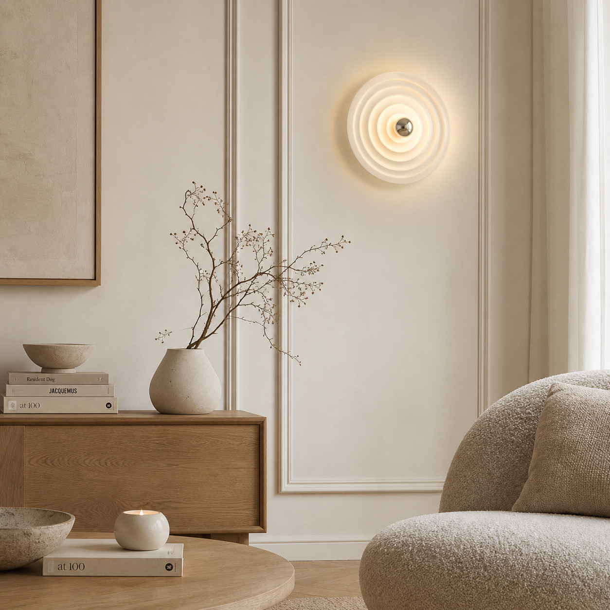 White Space Age disc lamp glowing above a soft living room setting