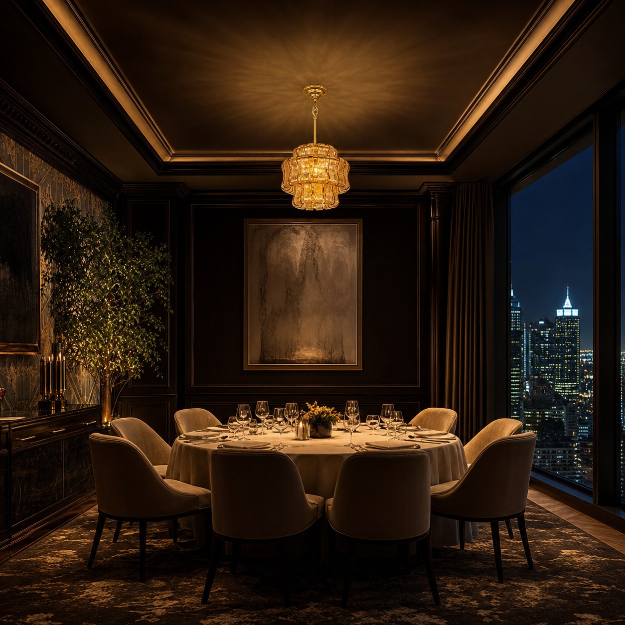 Amber glass pendant above an evening dining table