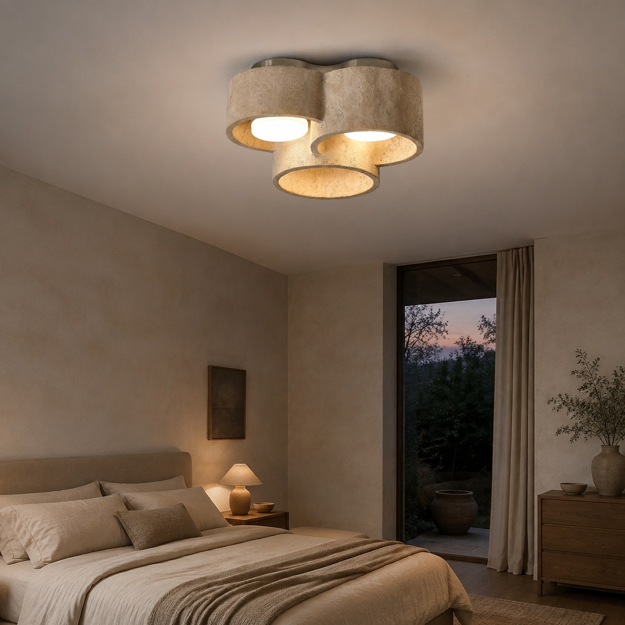 Three head travertine ceiling light in a warm bedroom