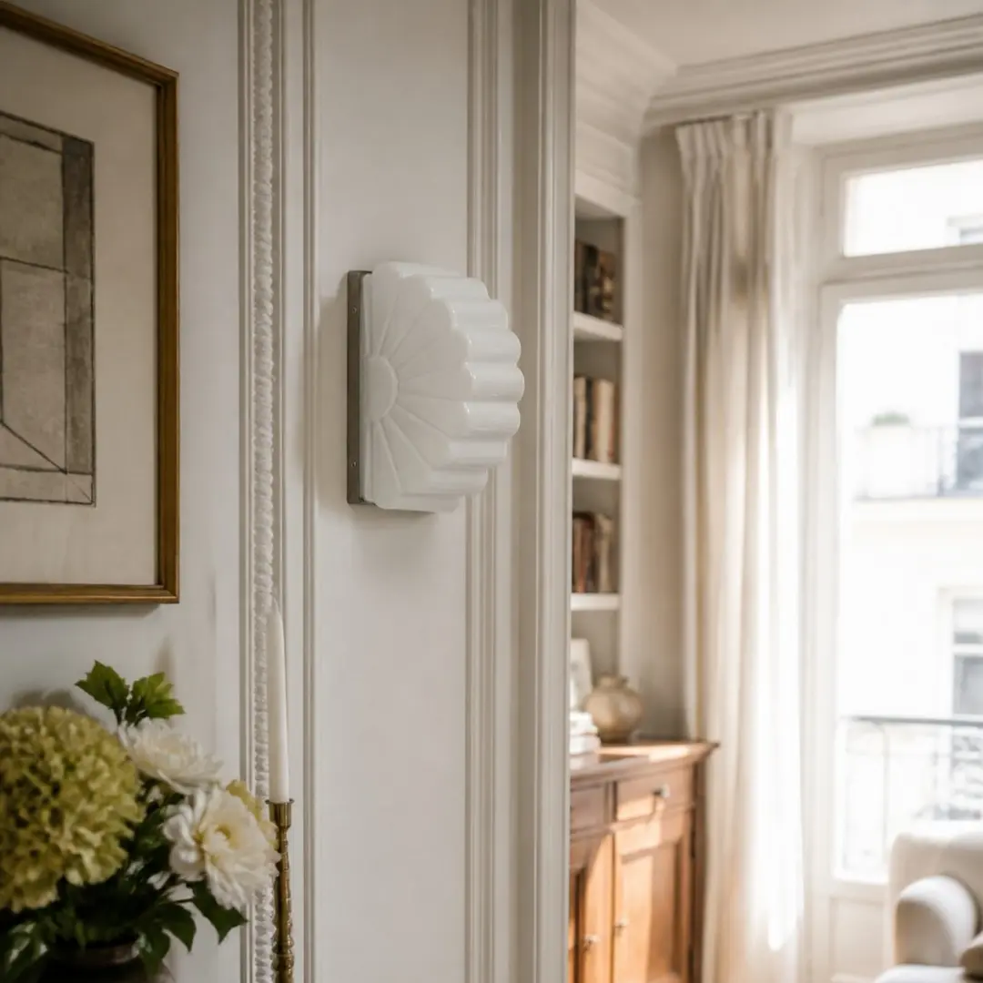 White glass wall sconce installed beside a bright living room