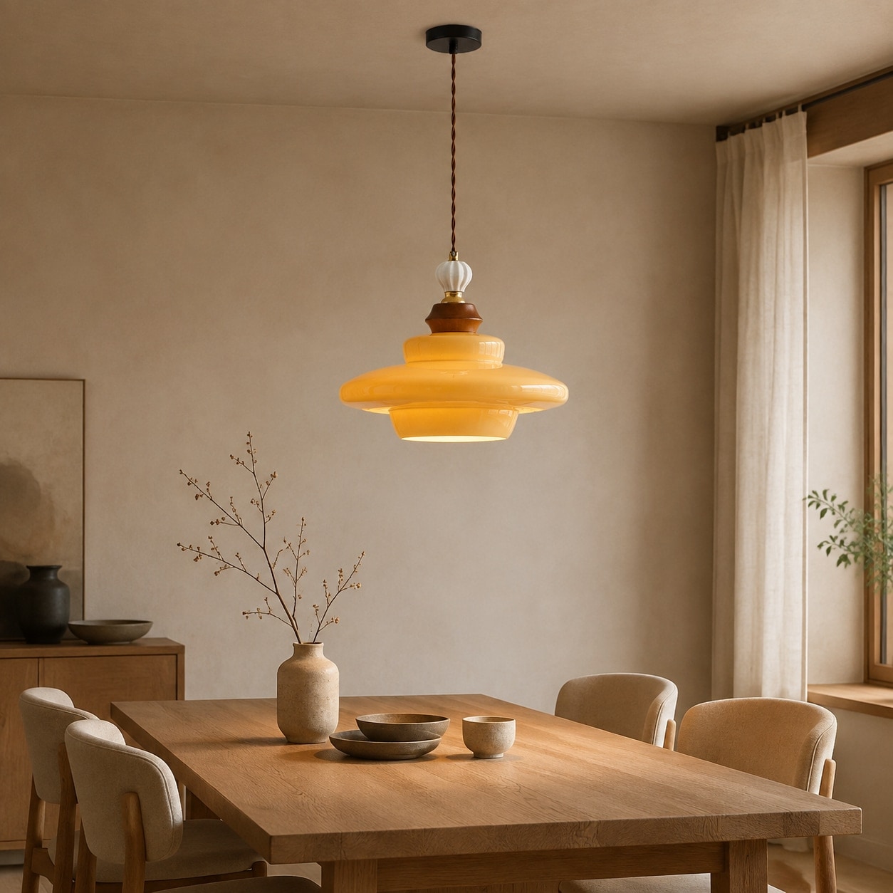 Caramel yellow glass pendant light above a dining table