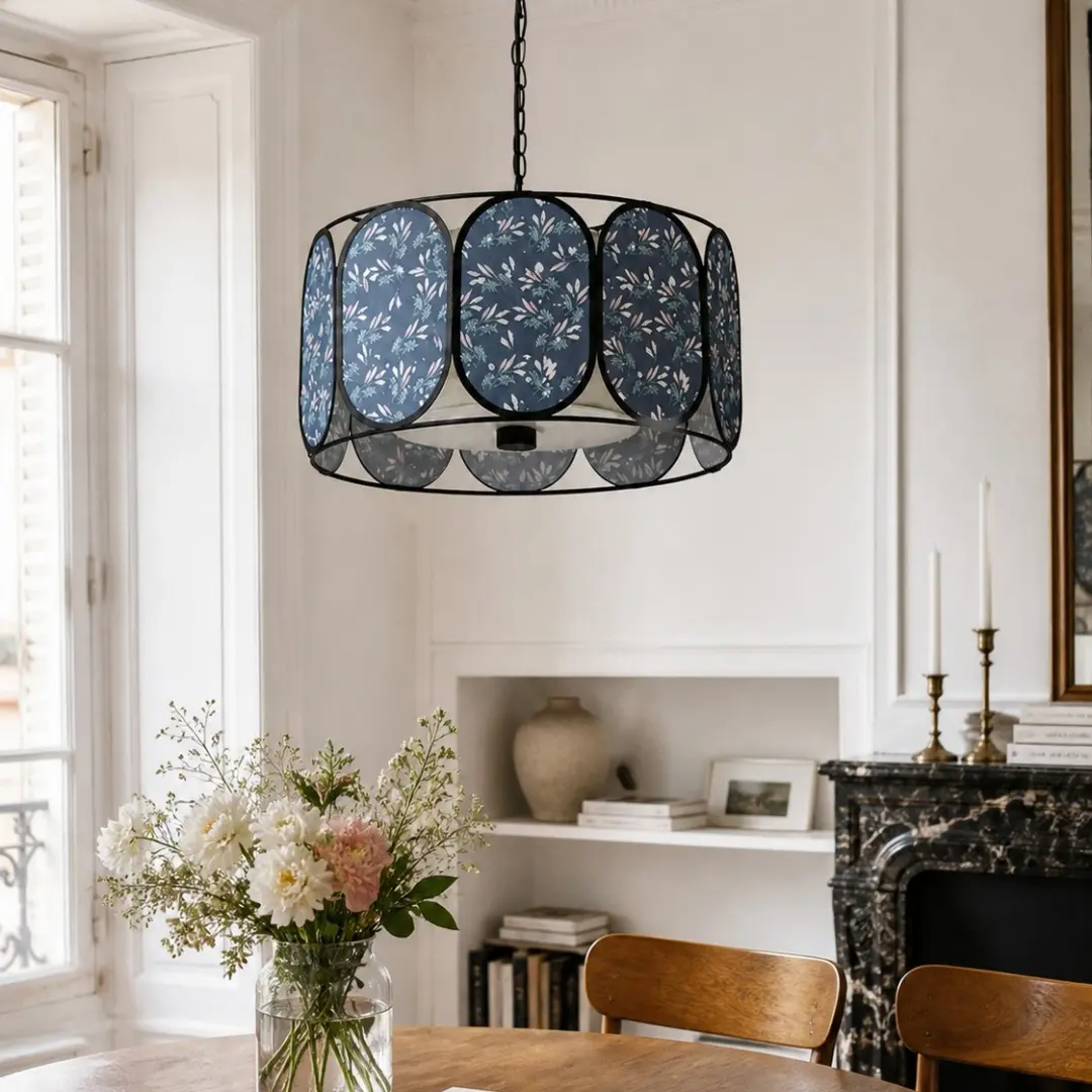 Floral fabric drum pendant light above a dining table