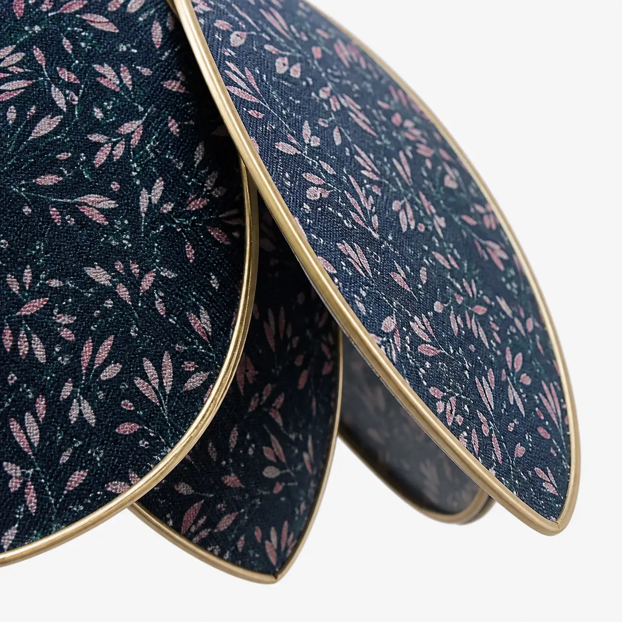 Close view of the floral fabric and metal trim