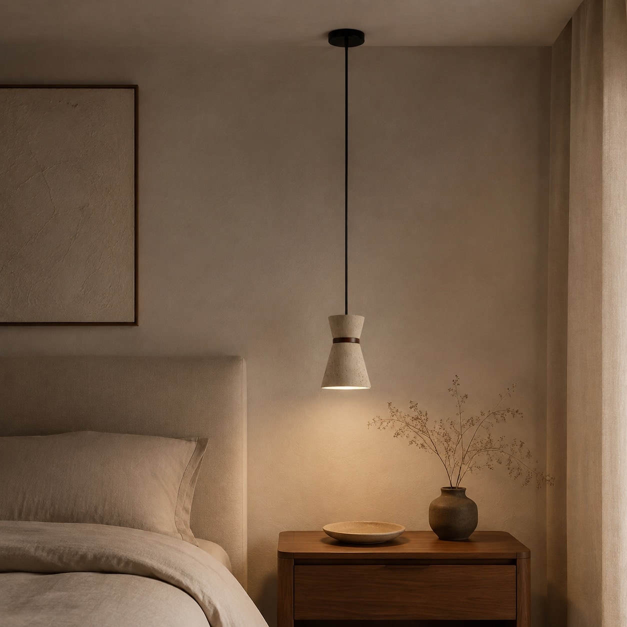 Single travertine pendant light over a bedside table