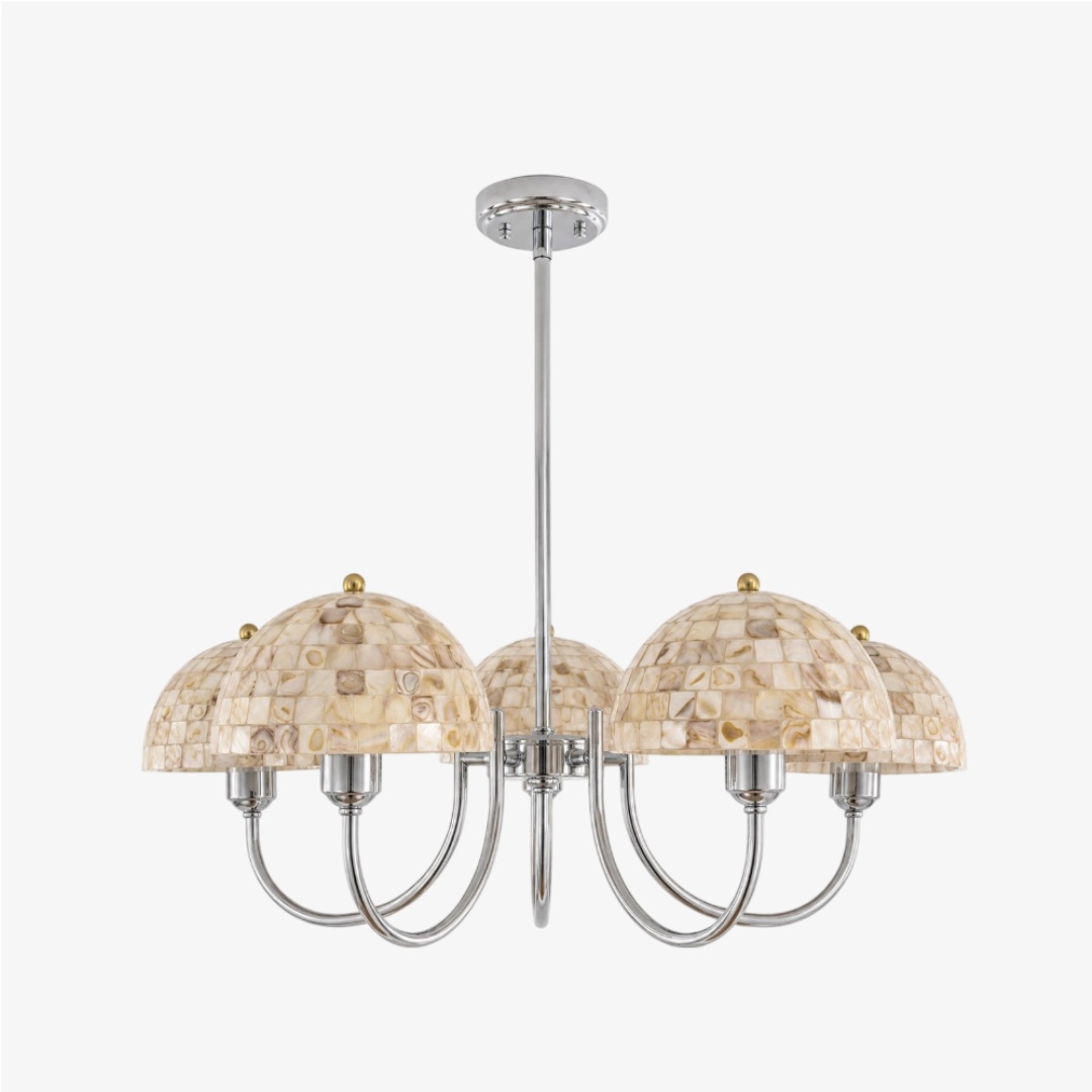 Beige shell five-light chandelier on a clean white background