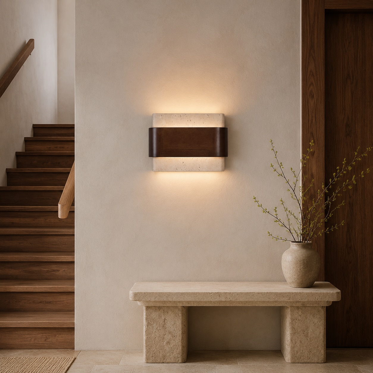 Travertine wood wall light near stairs and console table