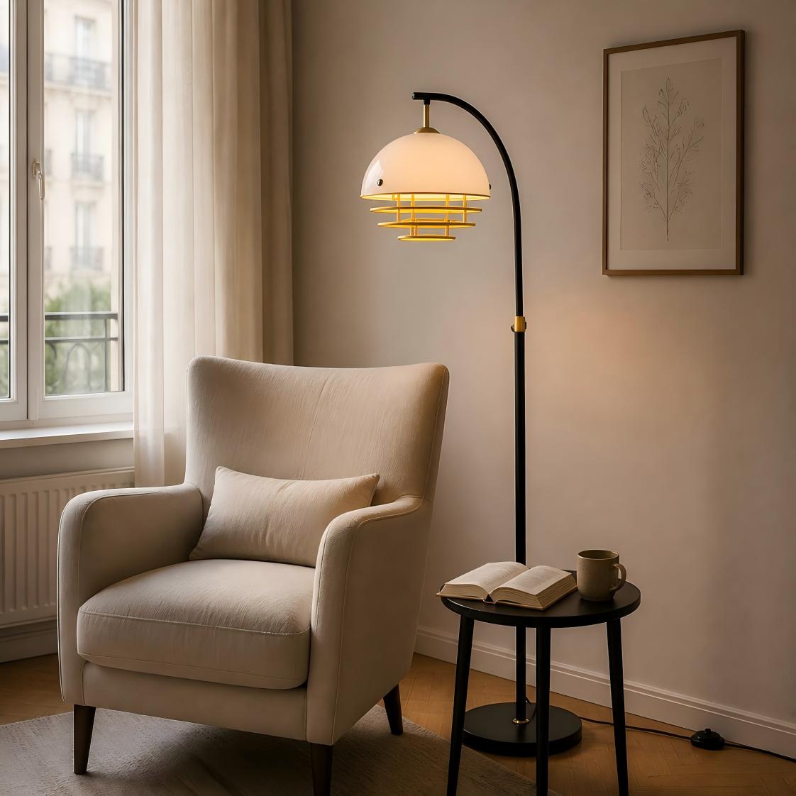 Black finish arc floor lamp in a reading corner
