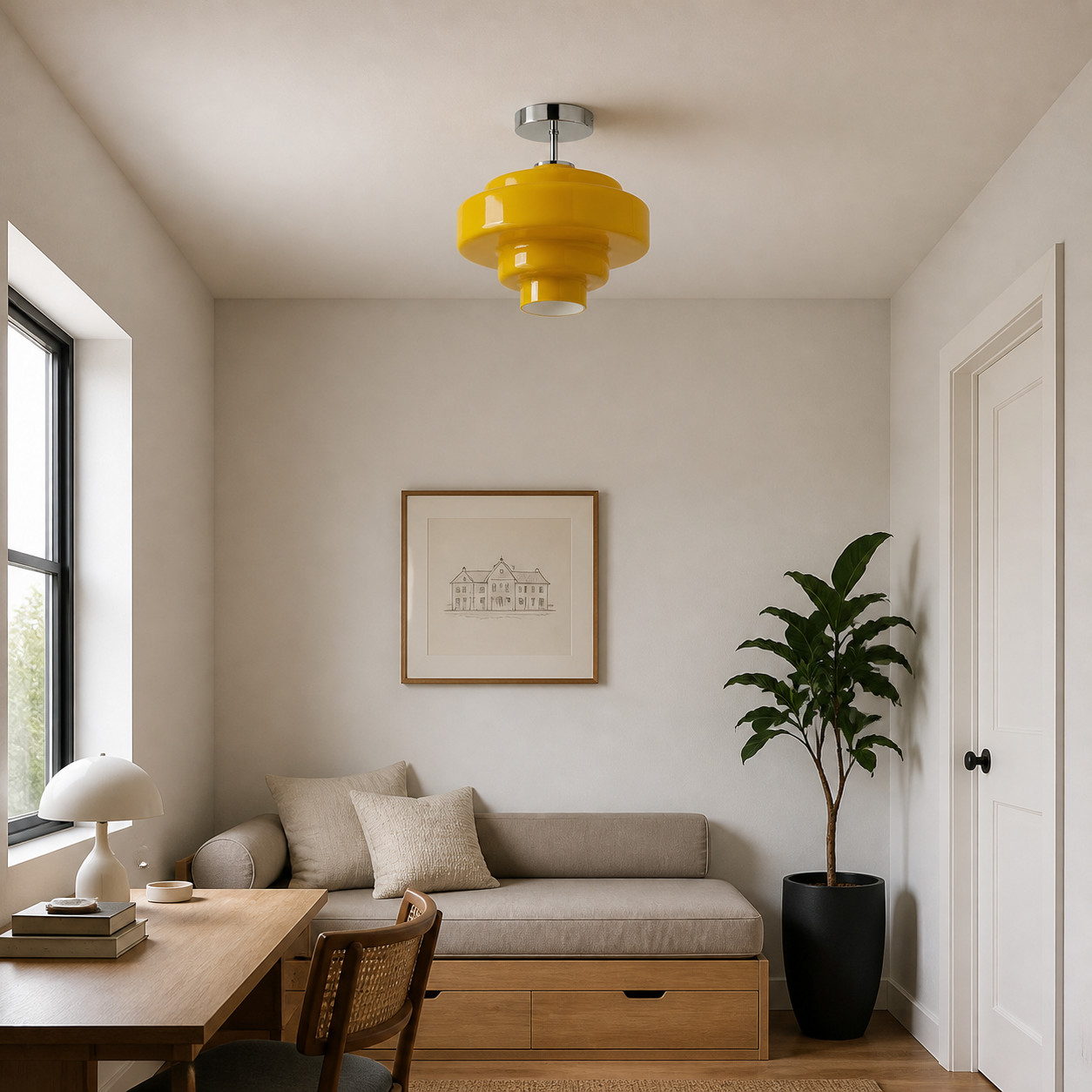 Lámpara de techo Koloro amarilla en una habitación pequeña con una decoración cálida y neutra