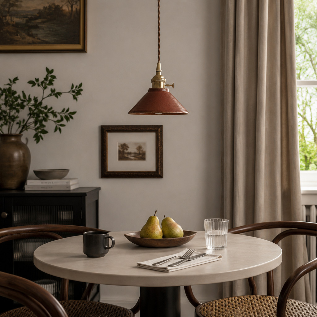 Lámpara colgante de cerámica esmaltada color rojizo sobre una mesa de comedor de madera.