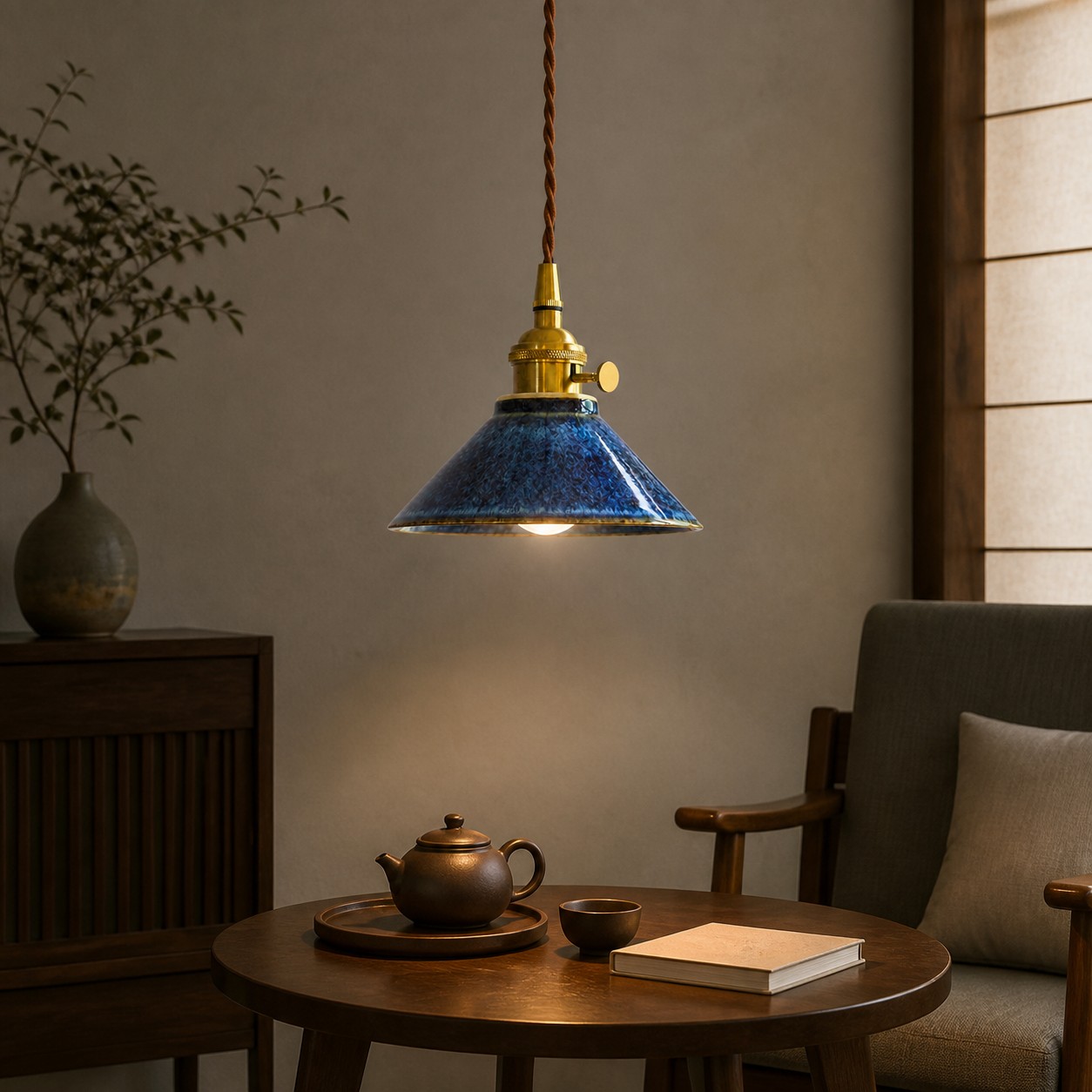 Lámpara colgante de cerámica azul Tenmoku sobre una mesa tranquila para tomar té y leer.