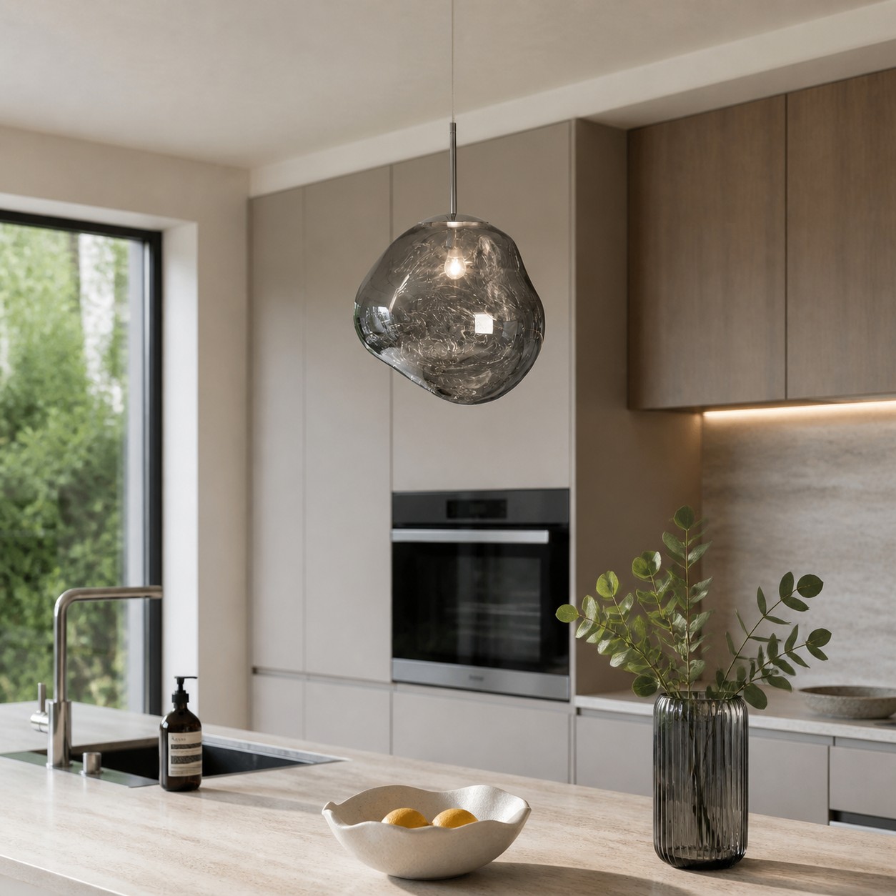 Smoke Gray pendant above a kitchen island