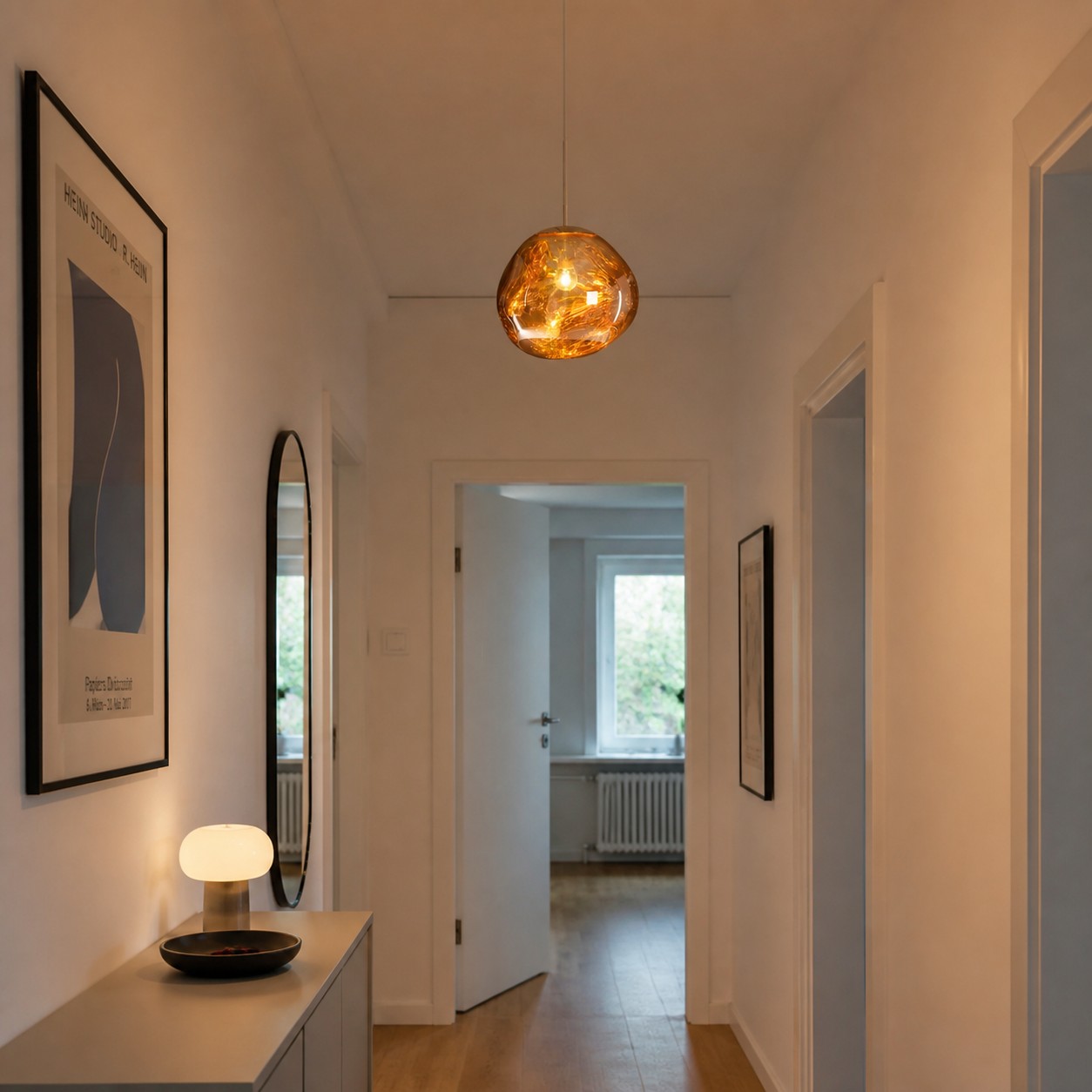 Gold pendant in a hallway