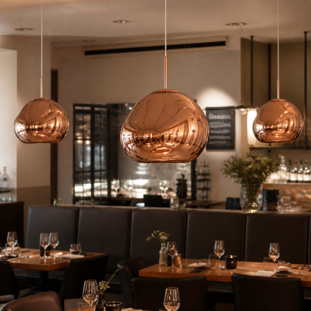Rose Gold pendant lights in a commercial restaurant