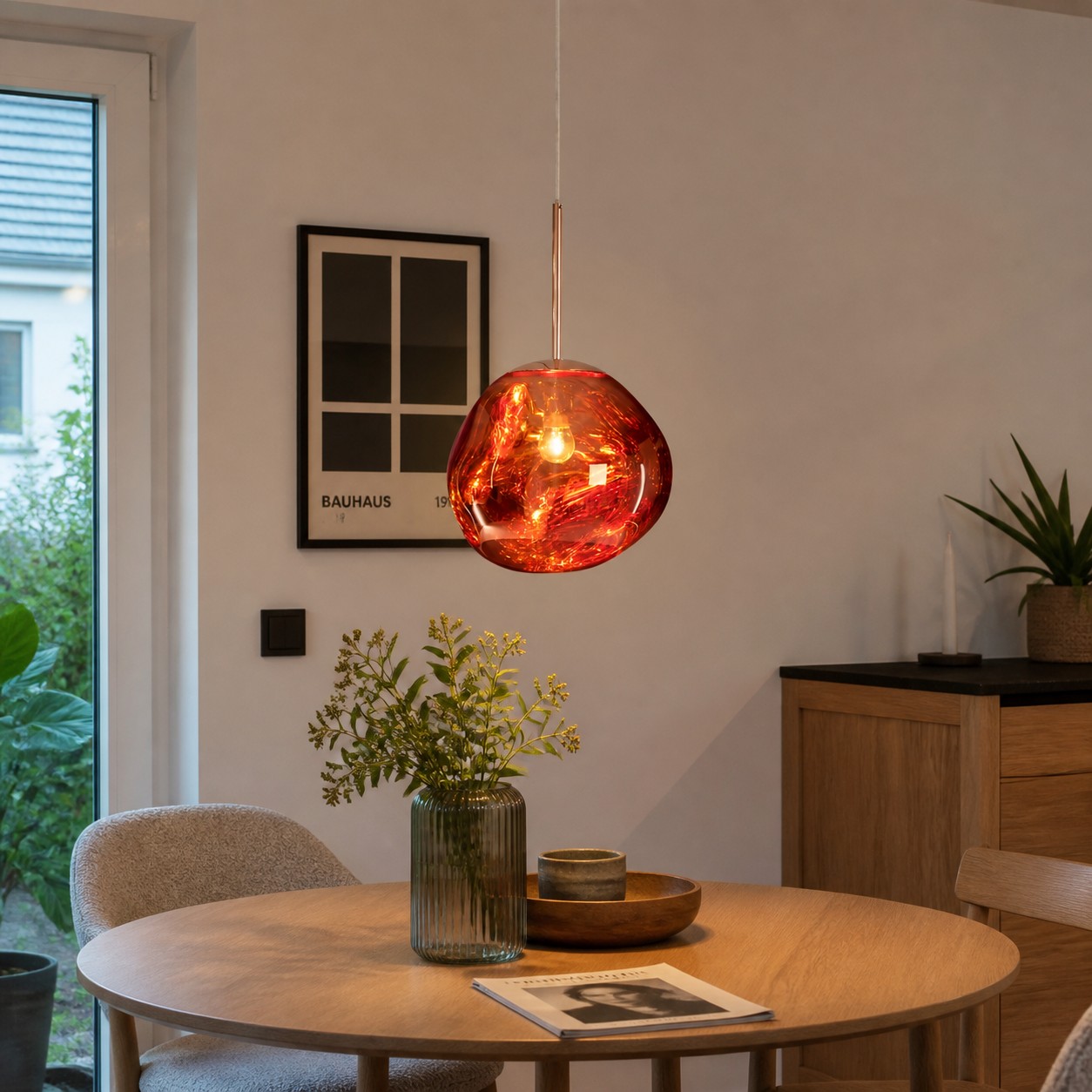 Red pendant above a round dining table