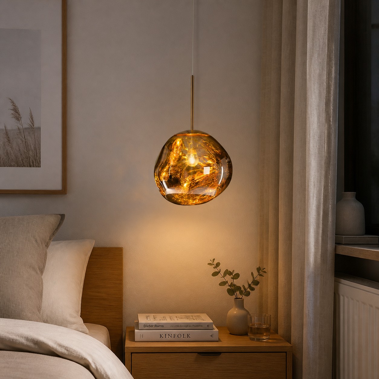 Gold pendant used as a bedside light