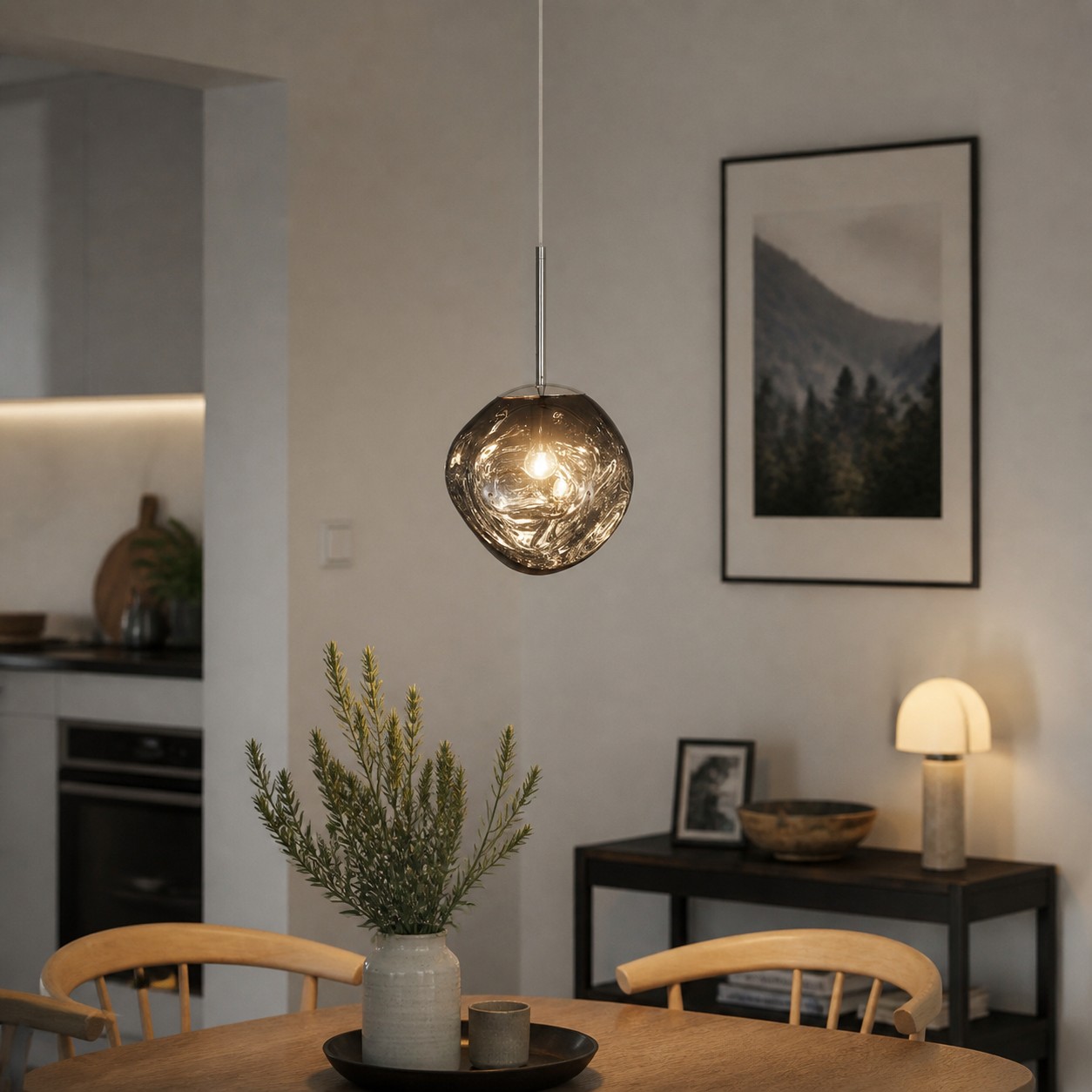Smoke Gray pendant above a dining table