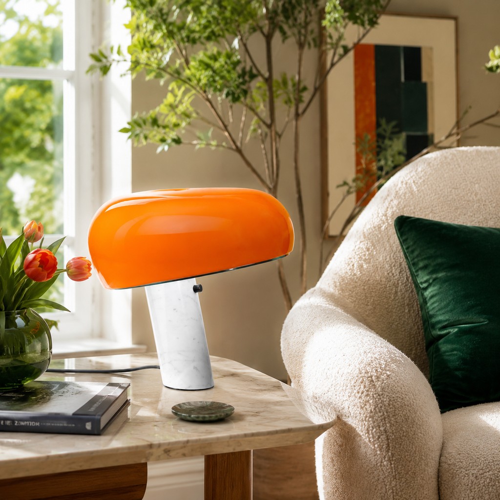 Orange Snoopy-Tischlampe ausgeschaltet in einer Leseecke