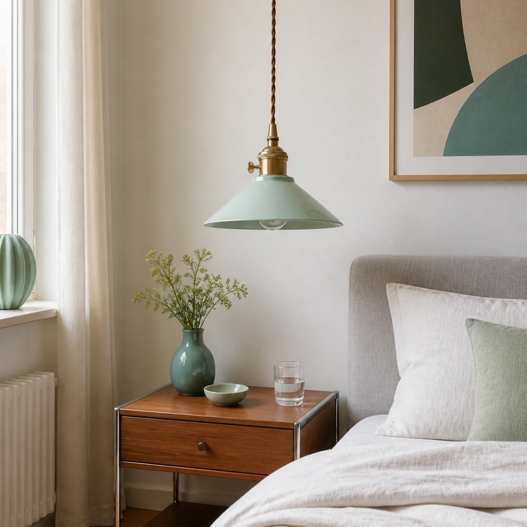 Colgante de cerámica celadón junto a la cama