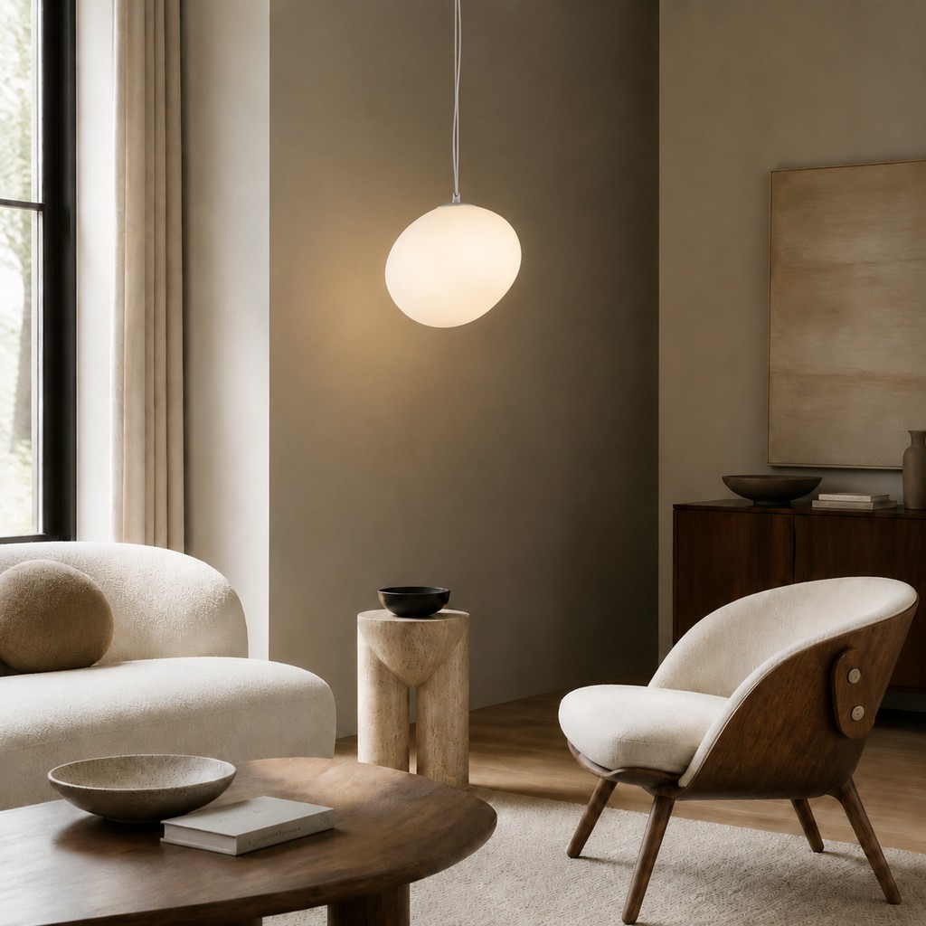 Gregg-pendellampa i ett varmt vardagsrum med neutrala toner
