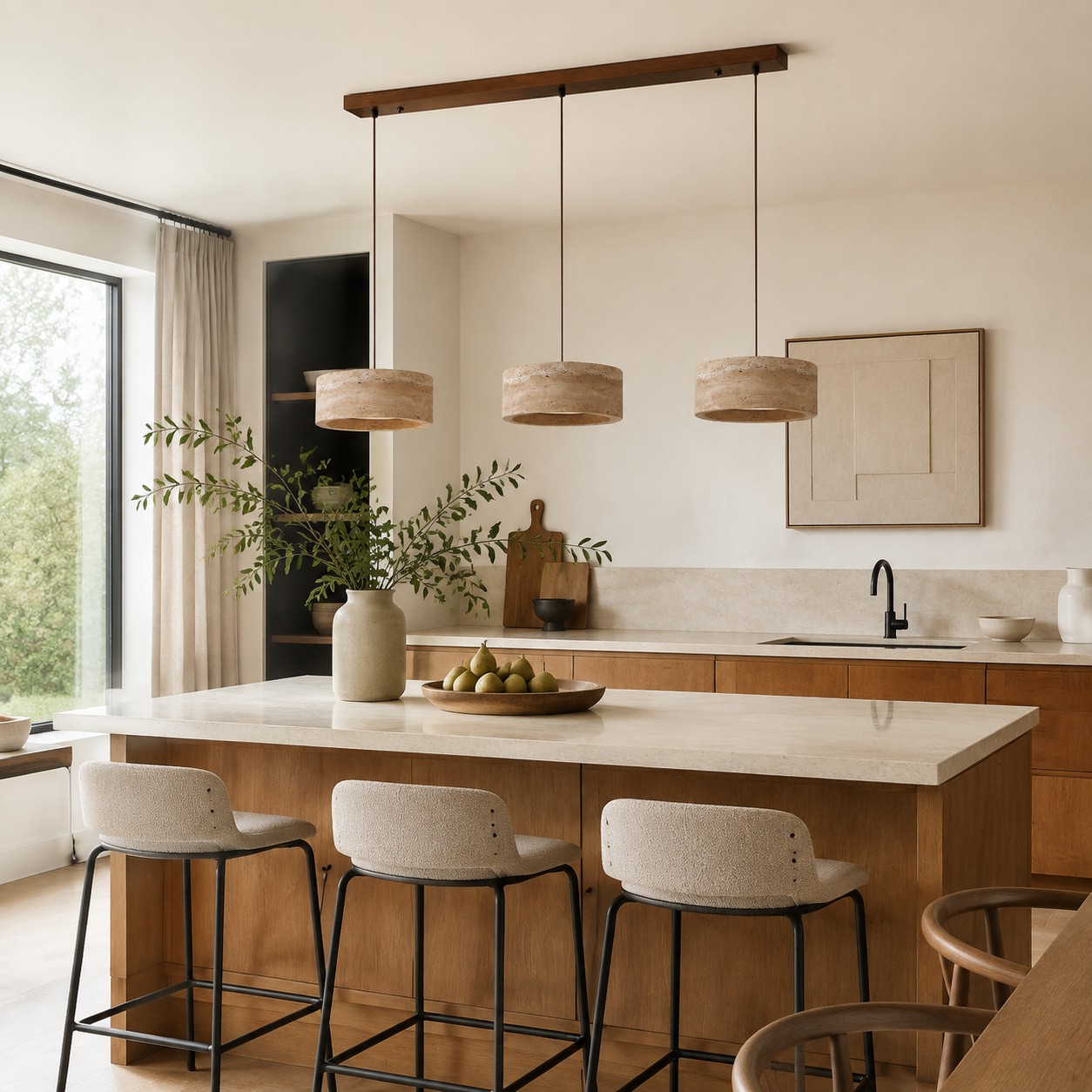 Lámpara colgante lineal de travertino amarillo de tres luces sobre una isla de cocina.